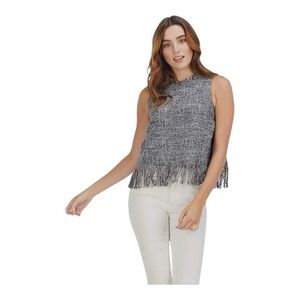 Mud Pie Women's Baker Fringe Tank Navy Blue Tweed Sleeveless Large